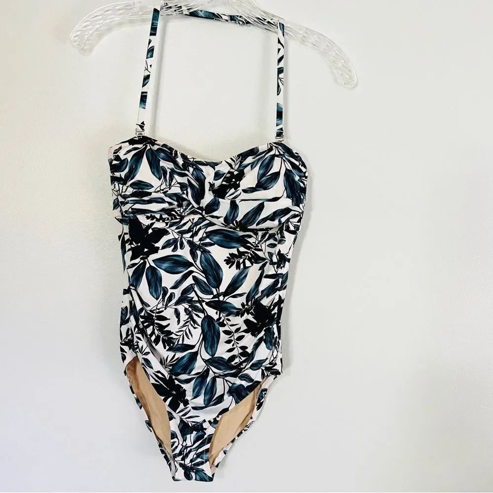 NWT New Garnet Hill Ruched Bandeau One Piece Swimsuit 4 White Dark Teal Onepiece